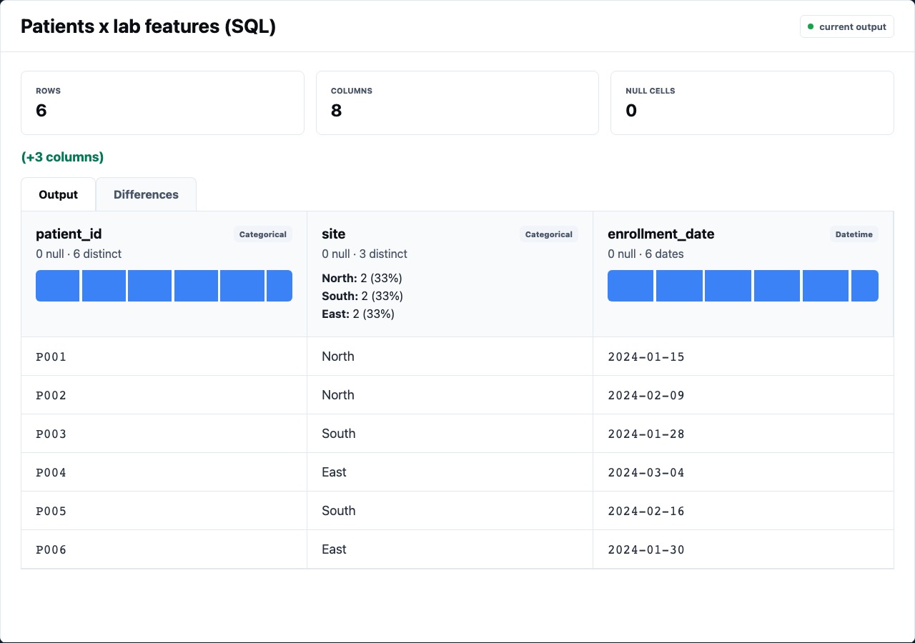 Focused Rime Editor table preview with scan metrics, column profiles, and sampled rows.